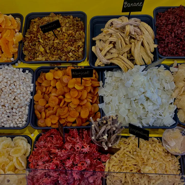 Trays of candied fruit at a food market in southern France