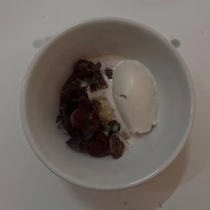 Miso rice pudding with tapioca ice cream and cherries